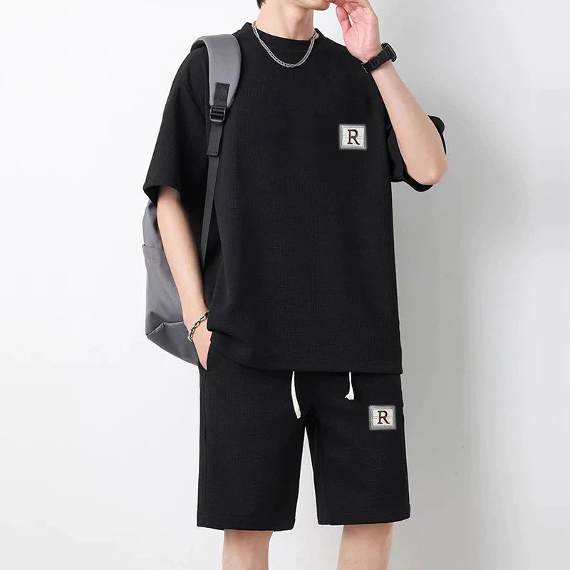 Men Short Sleeve Set Handsome T-shirt+Shorts Set