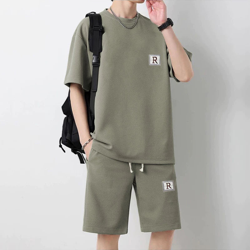 Men Short Sleeve Set Handsome T-shirt+Shorts Set